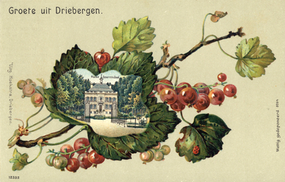9968 Afbeelding van het landhuis Sparrenburg te Driebergen op een blad van een tak met rode bessen dat als siermotief ...